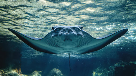 A stunning image of a stingray swimming gracefully below the surface of clear ocean water. This photograph captures the beauty and elegance of marine life.の素材