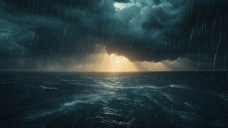 A captivating ocean scene features dark storm clouds and heavy rain, with rays of sunlight breaking through, creating a stunning contrast in the atmosphere.の素材