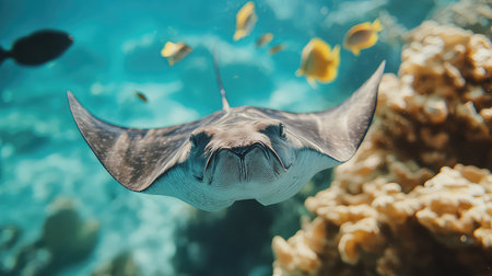 A stunning stingray glides gracefully through the clear ocean water, surrounded by vibrant tropical fish and a beautiful coral reef, capturing nature's beauty.の素材