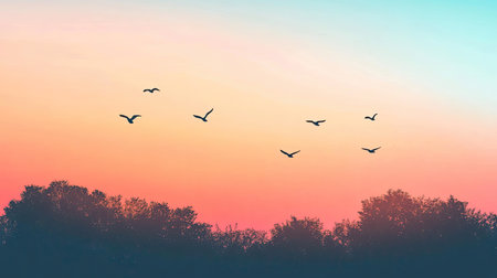 A serene image capturing a vibrant sunset sky filled with silhouetted birds in flight above a tranquil nature landscape, evoking peace and harmony.の素材