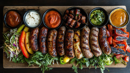 A vibrant assortment of gourmet grilled sausages paired with colorful vegetables on a rustic wooden platter, accompanied by a variety of delicious dipping sauces. Perfect for barbecue lovers and food enthusiasts.の素材