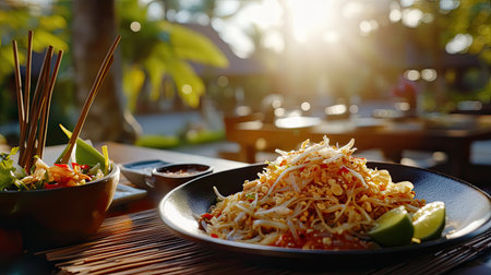A bright and appetizing plate of freshly prepared noodles garnished with vegetables and lime served on a stylish table in a sunny outdoor restaurant setting.の素材