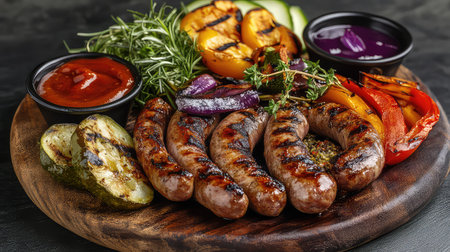 A beautifully arranged platter featuring grilled sausages alongside a variety of colorful vegetables and sauces, perfect for outdoor dining.の素材