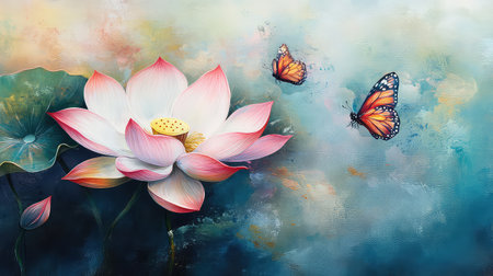 This stunning artwork features a vibrant lotus flower amidst a dreamy watercolor landscape, complemented by delicate butterflies, evoking tranquility and natural beauty.の素材