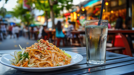 A vibrant plate of Thai noodles served outdoors captures the essence of street food culture. Accompanied by a refreshing drink, this meal showcases a delicious blend of flavors, herbs, and textures in a lively dining atmosphere.の素材