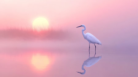 A graceful egret stands in still water during a misty sunrise, surrounded by soft pastel colors. The tranquil scene reflects serenity and beauty in nature.の素材