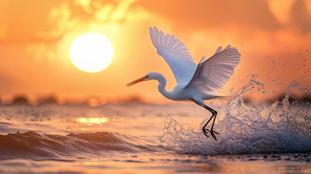 A stunning scene featuring a graceful bird taking flight over ocean waves, illuminated by a vibrant sunrise. The image captures the tranquility and beauty of nature, offering a serene atmosphere that highlights the elegance of wildlife.の素材