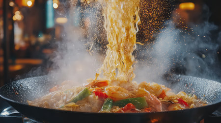 A vibrant wok filled with stir-fried noodles and an array of fresh vegetables, producing steam and aromatic flavors that elevate any meal experience.の素材