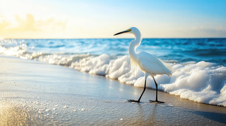 A stunning white bird gracefully walks along a sandy beach, surrounded by soft waves as the sun sets, creating a serene coastal atmosphere.の素材