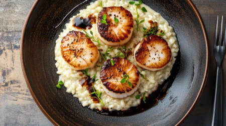 A sophisticated plate featuring beautifully seared scallops resting on a bed of creamy risotto, garnished with fresh herbs and a balsamic glaze.の素材