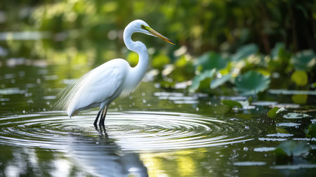 A stunning white egret stands gracefully in calm waters, creating beautiful ripples. Lush green foliage surrounds this serene wildlife scene, perfect for nature lovers.の素材