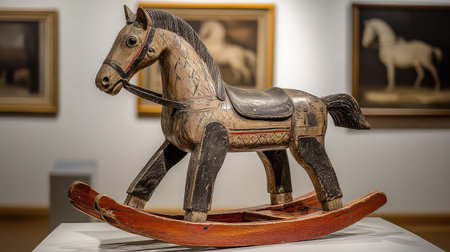 A beautifully crafted vintage wooden rocking horse is prominently displayed in an art gallery, surrounded by classic paintings, showcasing timeless craftsmanship.の素材