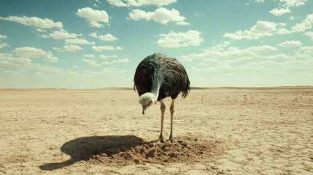 An ostrich is seen foraging on the dry, sandy ground of a vast desert landscape, with a blue sky and white clouds creating a serene atmosphere.の素材