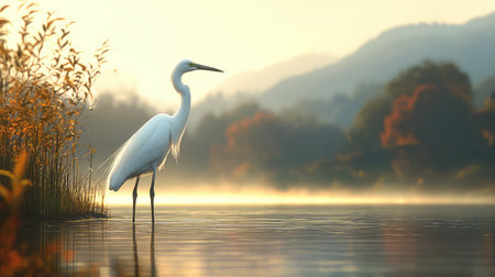 This image captures a graceful white heron standing still in a tranquil lake at dawn, surrounded by a beautiful autumn landscape and soft mist.の素材