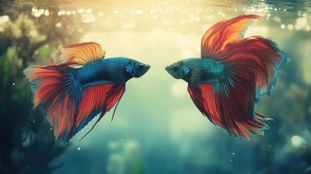 This enchanting image captures two vibrant Betta fish gracefully swimming together in a lush underwater setting. The rich colors and soft light create a tranquil atmosphere, highlighting their flowing fins and graceful movements.の素材