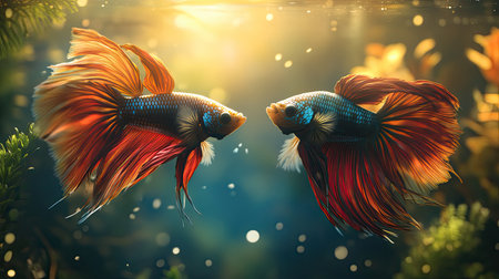 Two striking betta fish glide gracefully through a lush underwater scene, capturing the vibrant colors and delicate movements in a tranquil aquatic setting.の素材