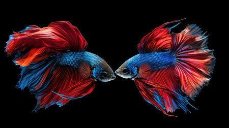 Two colorful Betta fish exhibit their stunning vibrant fins while engaged in a dramatic pose against a striking black background.の素材