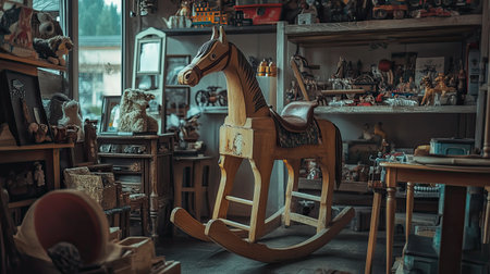 A captivating vintage wooden rocking horse stands proudly in an antique shop, surrounded by treasured collectibles and nostalgic artifacts that evoke warm memories.の素材