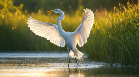 A stunning great egret captures attention as it spreads its wings in a tranquil wetland setting at sunset, showcasing pure elegance and beauty.の素材