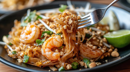 Indulge in a delicious plate of Pad Thai featuring succulent shrimp, fresh lime, and crunchy peanuts. This vibrant dish offers a balance of flavors in a gourmet presentation.の素材