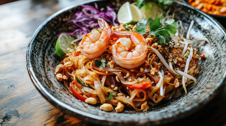 Enjoy a mouthwatering bowl of shrimp pad thai topped with fresh ingredients like peanuts and lime. Perfect for a delightful meal, showcasing vibrant flavors.の素材