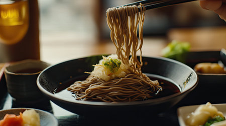 An inviting scene featuring a bowl of Japanese soba noodles lifted with chopsticks, presented alongside various side dishes and a refreshing drink.の素材