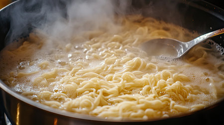 A captivating close-up of noodles cooking in a pan, with steam and bubbles creating a cozy kitchen atmosphere. Perfect for food enthusiasts.の素材