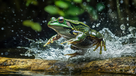 A captivating image of a green frog leaping from water, creating a dynamic splash, surrounded by a lush, vibrant background, showcasing nature's beauty.の素材