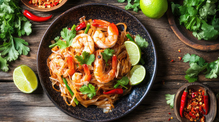 A vibrant and appetizing shrimp dish featuring fresh noodles, herbs, and lime, beautifully arranged on a rustic wooden table, perfect for culinary inspiration.の素材