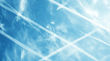 An expansive view of a tranquil blue sky filled with delicate contrails and wispy clouds, creating a serene and dreamlike atmosphere. Perfect for nature-themed projects.の素材