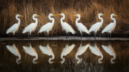 A stunning scene featuring a line of snowy egrets standing gracefully in shallow water, their reflections visible. The background showcases tall grasses, creating a serene atmosphere during golden hour.の素材