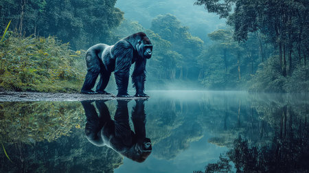 A powerful gorilla stands proudly by a misty lake, reflecting its majestic image in still waters, surrounded by verdant greenery, evoking a sense of tranquility.の素材