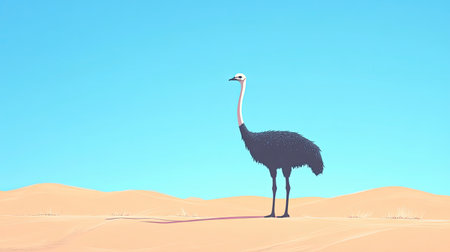 A whimsical illustration of a solitary ostrich in a sandy desert setting, featuring a clear blue sky. Perfect for themed designs and nature projects.の素材