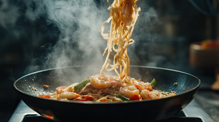 A beautifully captured moment of shrimp and noodles being stir-fried in a hot wok, showcasing vibrant vegetables and steam, creating an enticing culinary scene.の素材