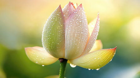 A stunning closeup of a lotus flower adorned with dew drops, showcasing its delicate petals and vibrant colors in a serene setting.の素材