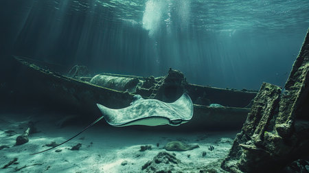 A stunning underwater scene featuring a graceful stingray gliding elegantly near the remains of a historical shipwreck. The tranquil atmosphere showcases the beauty of marine life and the mysteries hidden beneath the ocean surface.の素材