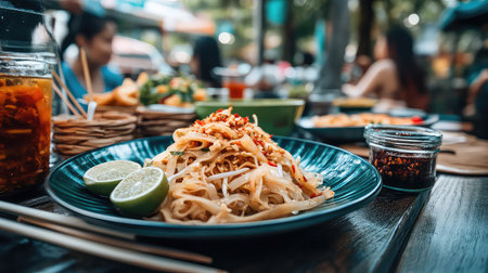 A beautifully arranged plate of Pad Thai featuring rice noodles topped with peanuts and served with lime wedges in a lively outdoor dining environment.の素材
