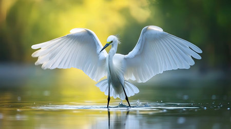 A stunning egret elegantly spreads its wings over the reflective water surface, embodying beauty and tranquility in a serene natural setting, inviting awe.の素材