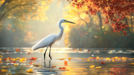 A serene scene of a white heron wading in calm waters, surrounded by vibrant autumn leaves. The soft morning light enhances the tranquil atmosphere.の素材