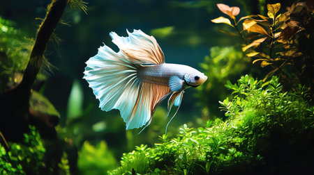 A stunning betta fish displays its vibrant colors and elegant fins while swimming through lush underwater greenery. This serene aquatic scene captures the beauty of nature and would make a perfect addition to any aquarium-themed project or decor.の素材