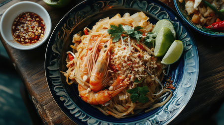 This image features a vibrant plate of flavorful noodles topped with succulent shrimp, fresh lime, crunchy peanuts, and aromatic herbs, perfect for food lovers.の素材