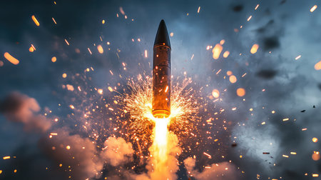 A stunning image of a rocket launching into the night sky, surrounded by intense flames and smoke, showcasing the power of modern aerospace technology.の素材