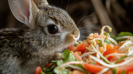 A charming young rabbit is enjoying a colorful vegetable salad, featuring fresh tomatoes and greens, captured in a natural, cozy setting, emphasizing the joy of healthy eating.の素材