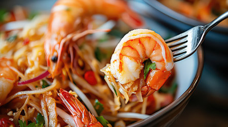 A tantalizing close-up view showcases succulent shrimp held on a fork, nestled atop a vibrant noodle dish filled with fresh vegetables and spices.の素材
