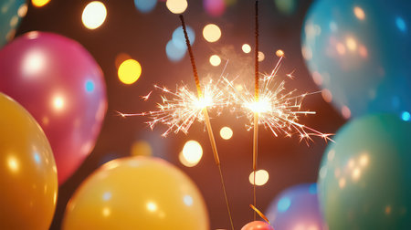 A vibrant party scene featuring colorful balloons and sparklers, perfect for festive events. Ideal for celebrating milestones and joyful occasions.の素材