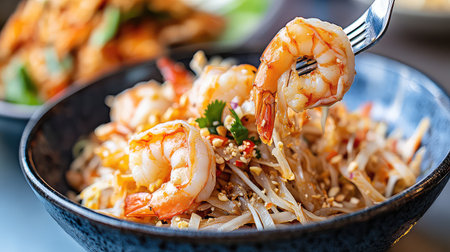 This vibrant image showcases a freshly made shrimp dish with noodles, garnished perfectly. The close-up highlights the textures and colors, inviting appetite.の素材