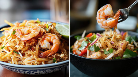 Experience the vibrant flavors of fresh Pad Thai featuring juicy shrimp and colorful vegetables, elegantly presented in stylish bowls, perfect for any meal.の素材