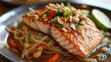 Indulge in this vibrant grilled salmon fillet served atop delicate noodles, garnished with fresh herbs, peanuts, and a zesty sauce. Perfect for food lovers.の素材