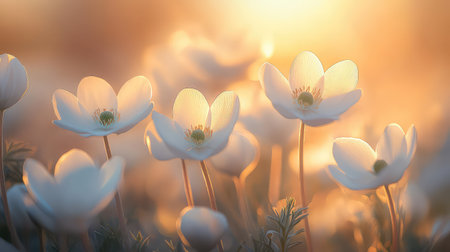 A captivating scene featuring delicate white flowers illuminated by warm golden sunlight during sunset. Ideal for nature lovers and floral enthusiasts.の素材