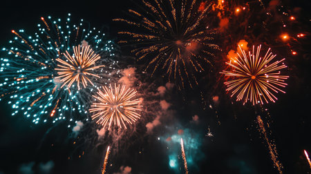 A stunning display of vibrant fireworks illuminates the night sky, capturing the spirit of celebration and joy during festivities and special occasions.の素材